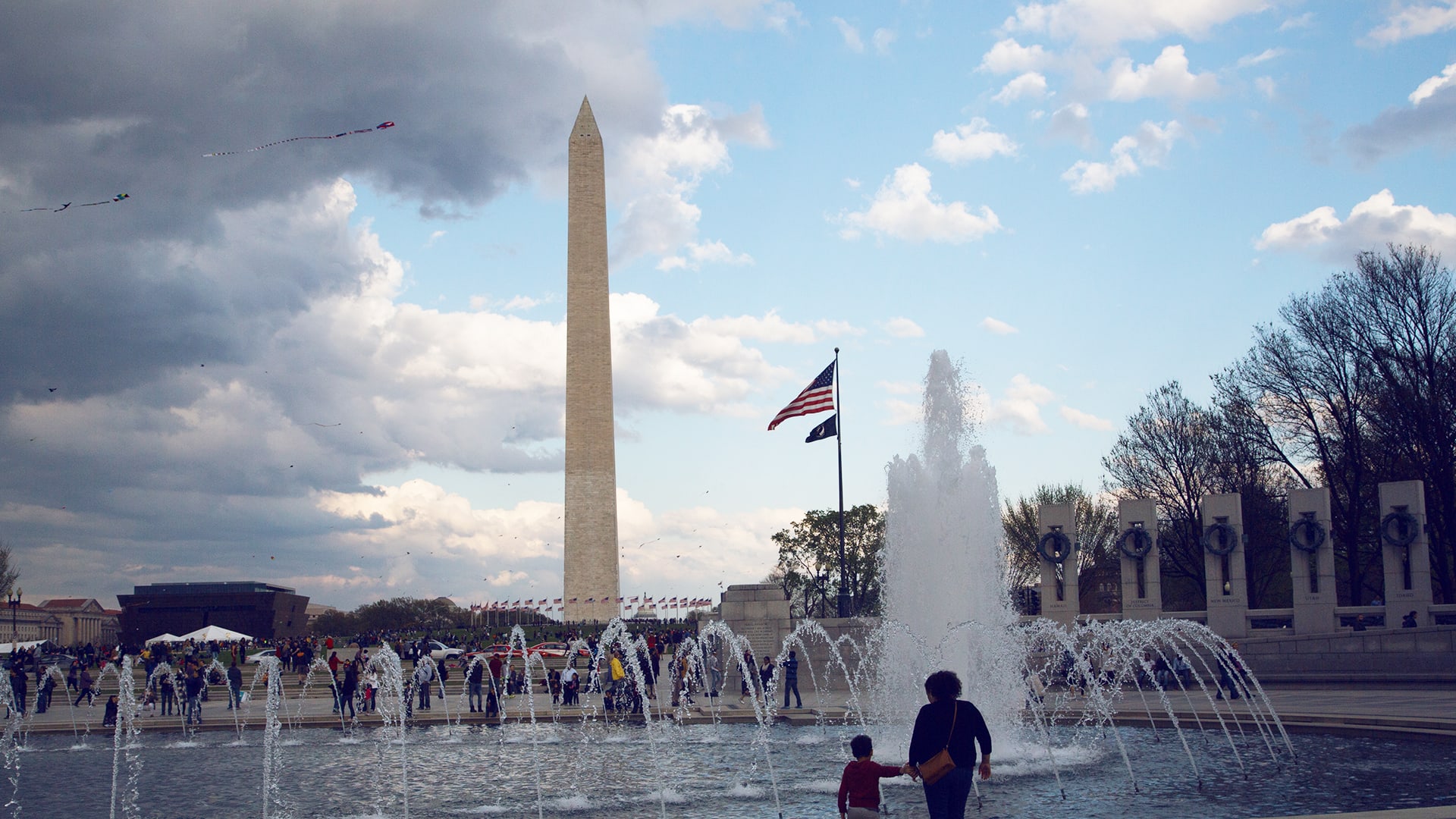 Washington Monument seen from the World War II Memorial Fountain in Washington, DC