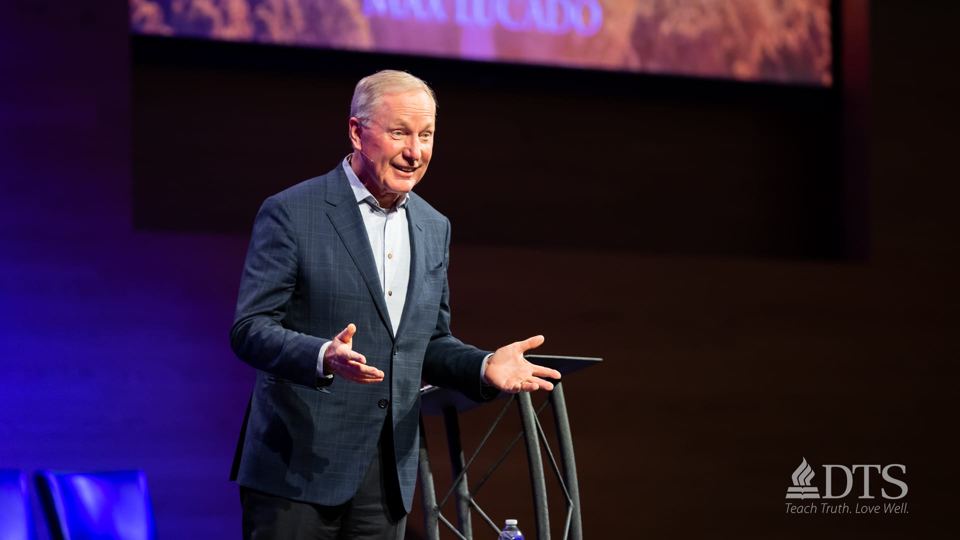 Max Lucado speaking at Dallas Theological Seminary on the Chafer Chapel stage