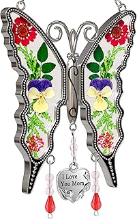 KY&BOSAM Gifts for Mom Butterfly Suncatcher I Love You Mom Stained Glass Sun Catcher Hanging for Window Wind Chime Pressed Dried Flowers Engraved and Metal Charm Mothers Day Valentine's Birthday Decor