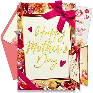 Decorably Gold Foiled and Textured 5x8in Individual Happy Mothers Day Card Set with Ribbon and Floral Designs, Happy Mother's Day Card with Envelope and Stickers, with Printed Message Inside