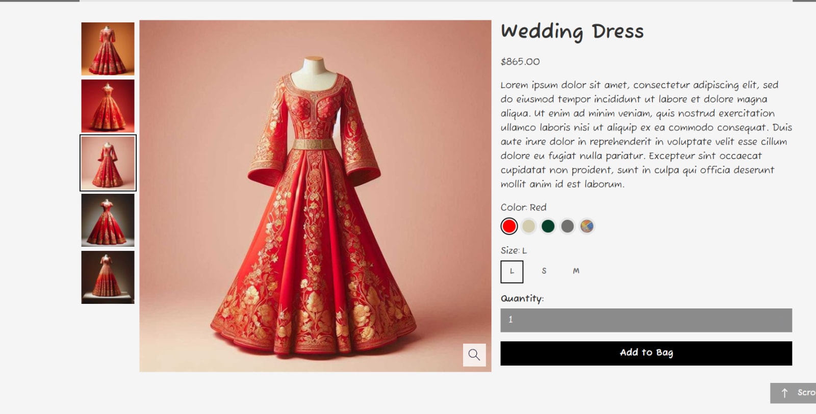 Product page with variant selection, in English