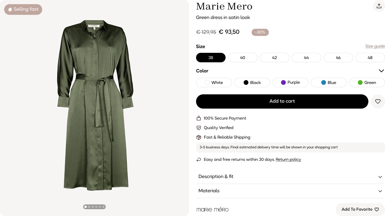 Single product page showing item details and purchase options