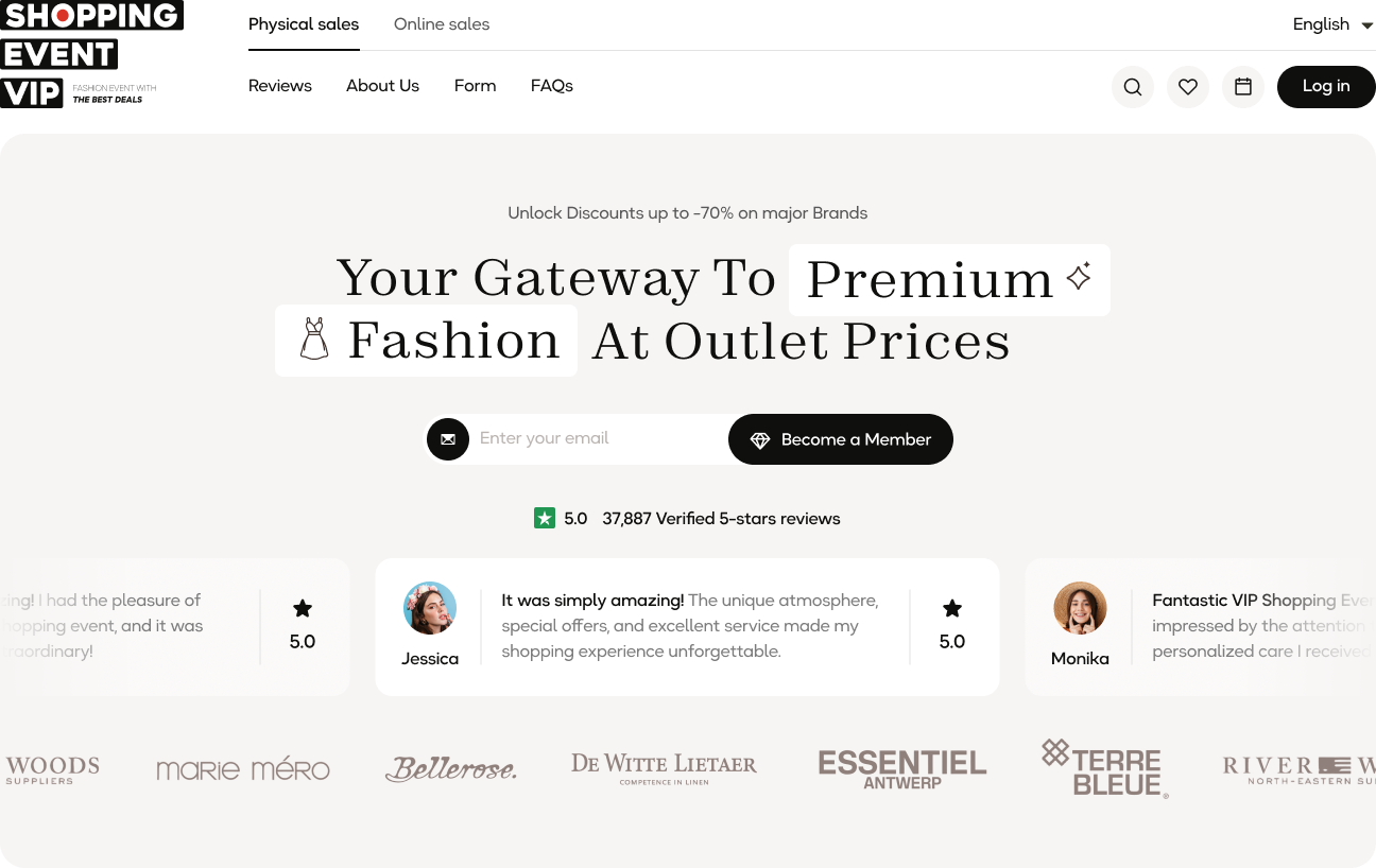 Homepage of ShoppingEventVIP with featured event listings