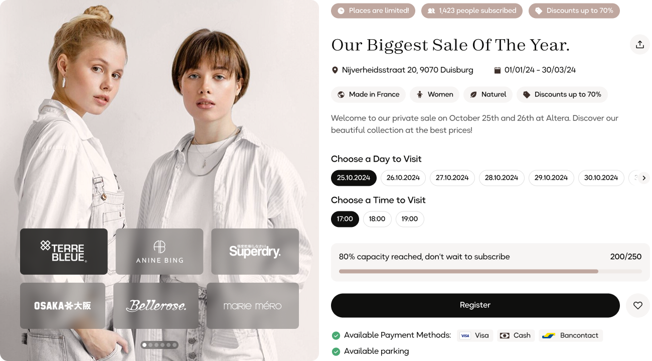 Event page displaying upcoming shopping events