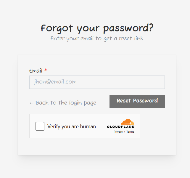 Forgot password interface with email input, Turnstile verification, and Redis rate limiting