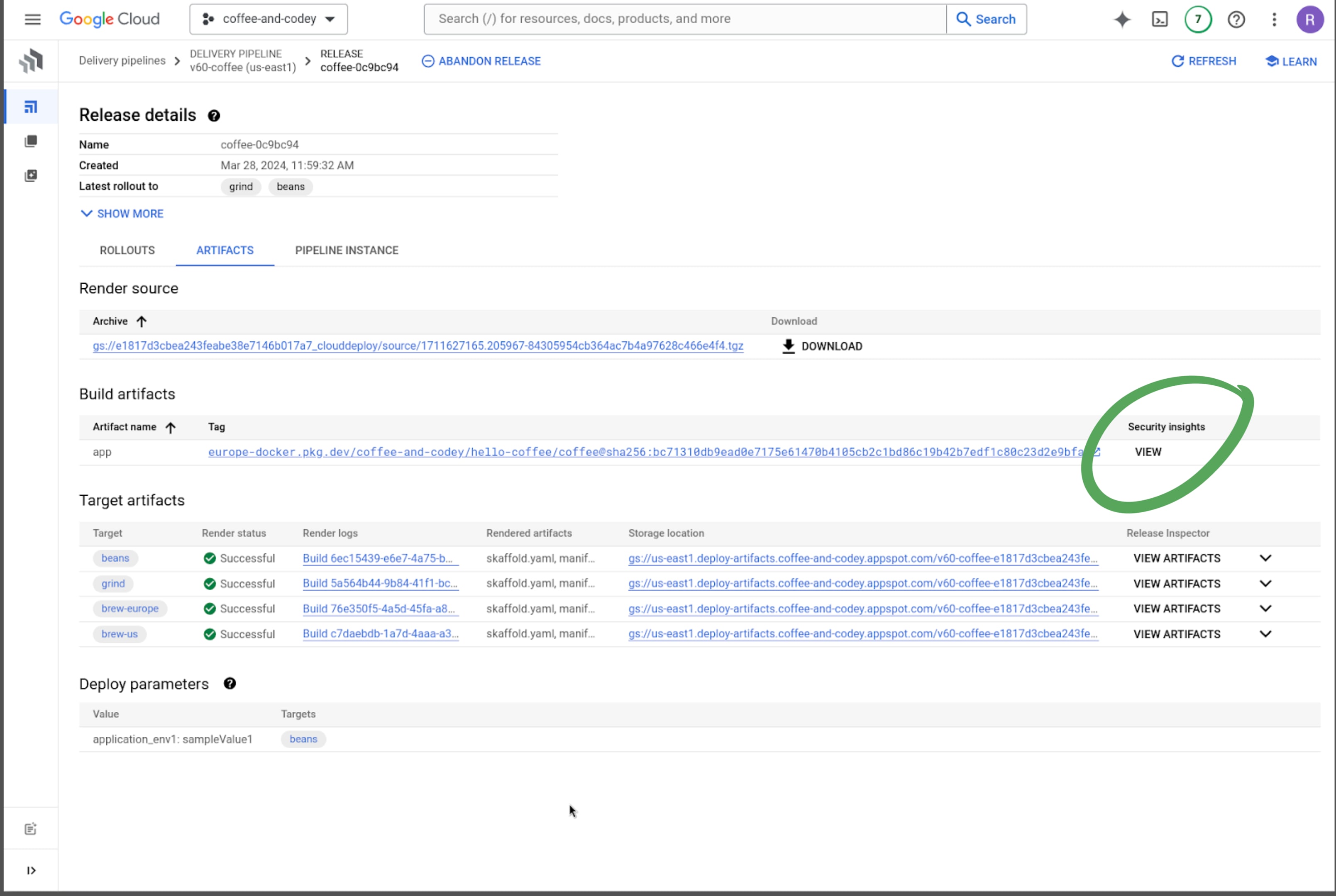 Cloud Deploy Release details, including Build Artifacts and Security insights.