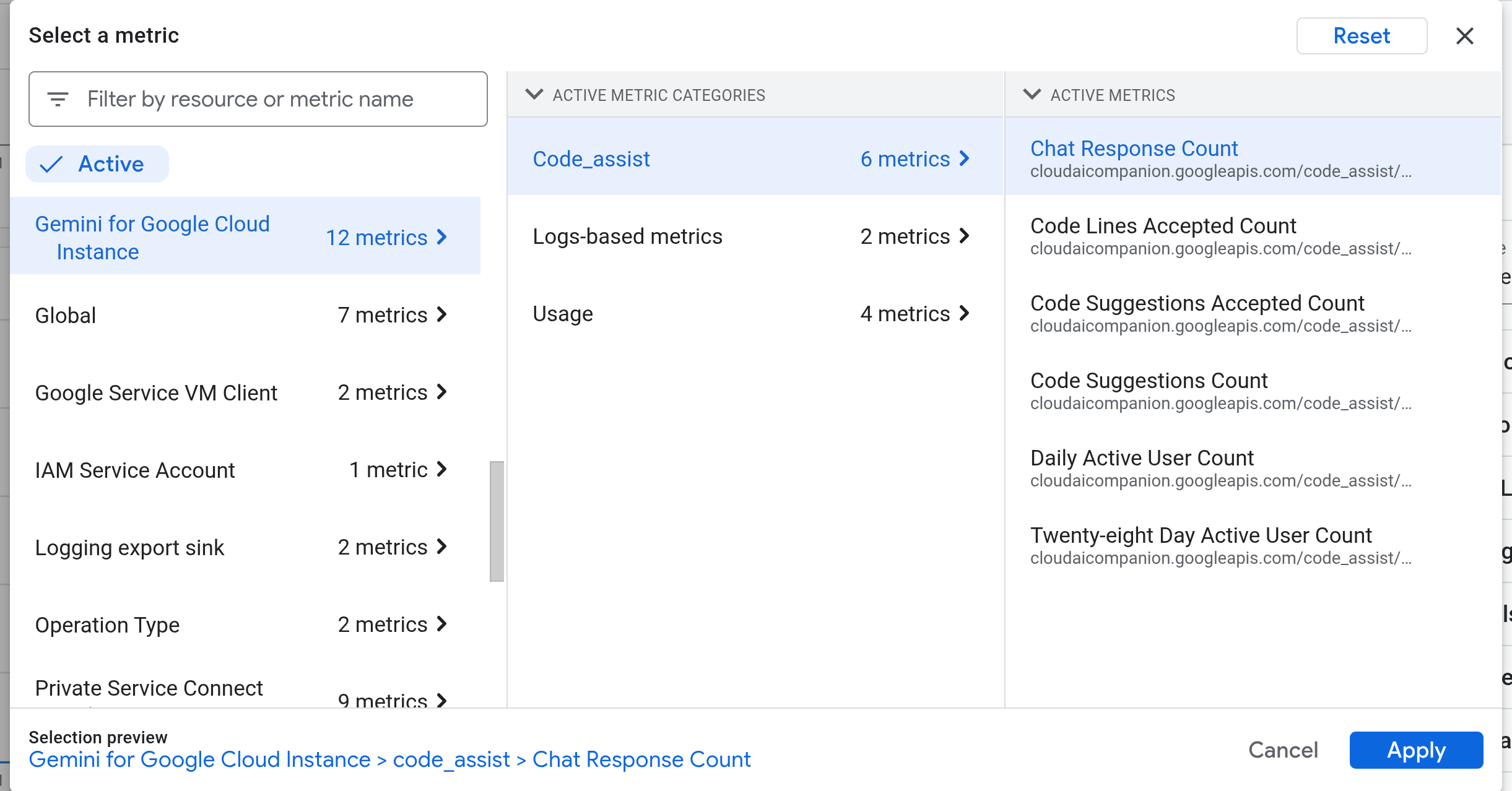 Finding the Gemini Code Assist metrics in Cloud Monitoring.