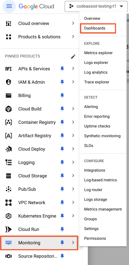 Finding the dashboards in the Cloud Console
