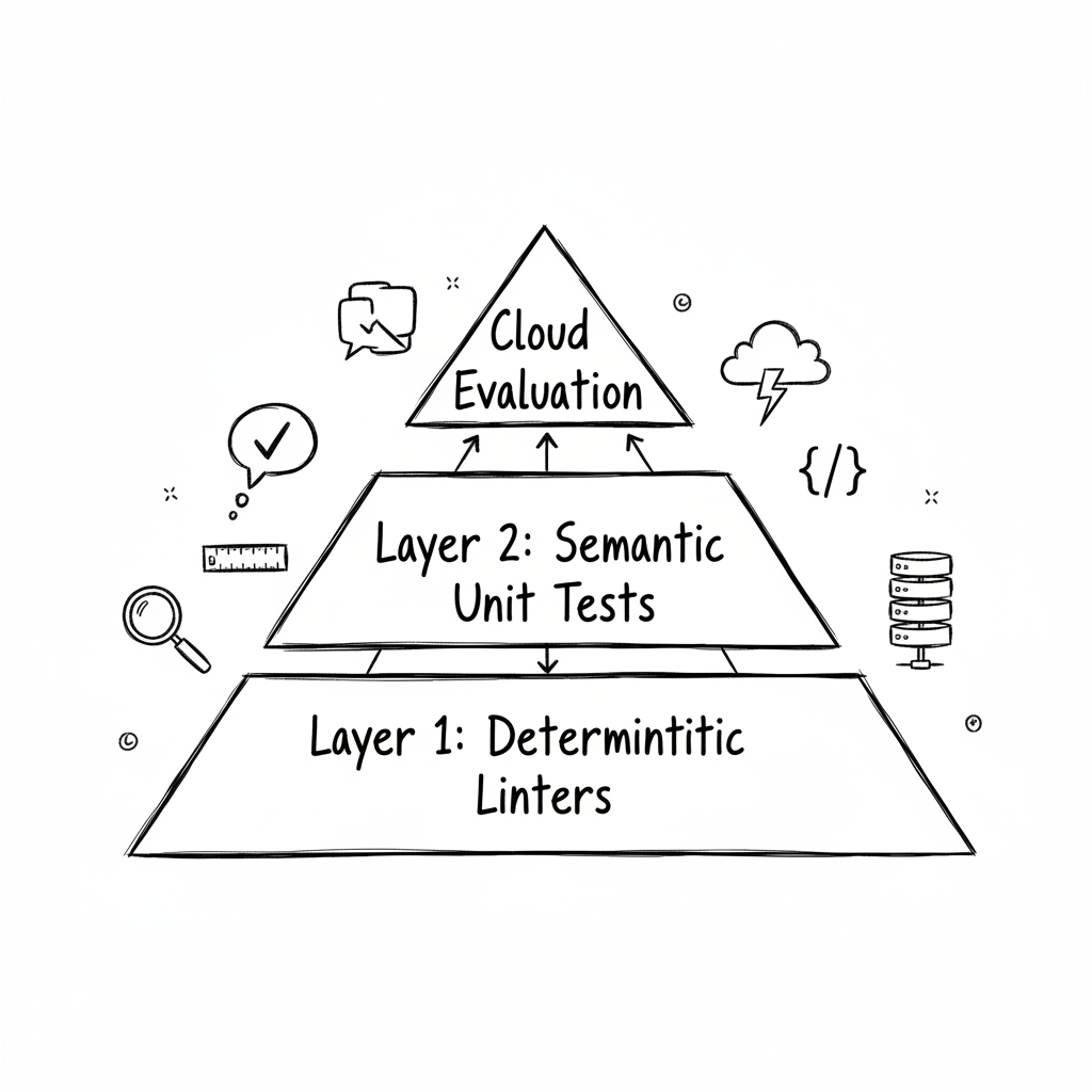 A hand-drawn pyramid diagram illustrating the GenAI testing strategy. The wide base is &lsquo;Layer 1: Deterministic Linters&rsquo; (Fast/Free). The middle section is &lsquo;Layer 2: Semantic Unit Tests&rsquo; (promptfoo). The top peak is &lsquo;Layer 3: Cloud Evaluation&rsquo; (Vertex AI).
