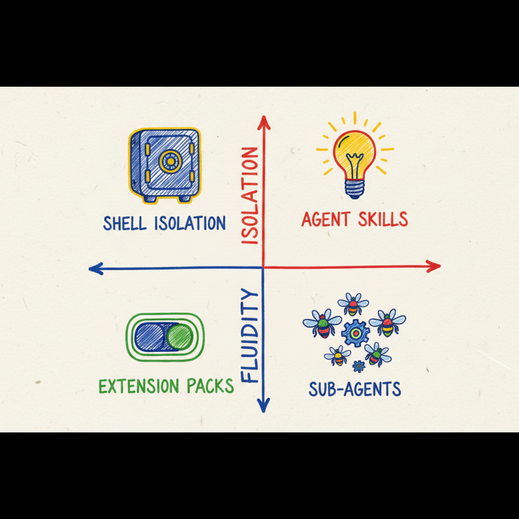 A hand-drawn quadrant diagram showing the trade-offs between isolation and fluidity. Shell Isolation is high isolation/low fluidity, Agent Skills are low isolation/high fluidity, Extension Toggling is moderate/low, and Native Sub-Agents represent the balanced future state.