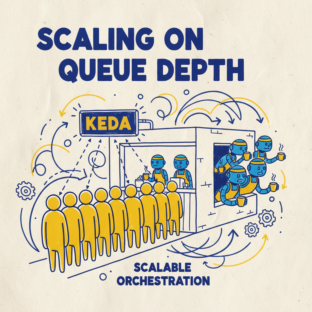 A sketchnote titled &lsquo;Scaling on Queue Depth&rsquo;. A line of people waiting outside a coffee shop monitored by a &lsquo;KEDA&rsquo; sensor, which triggers more robot baristas to appear.