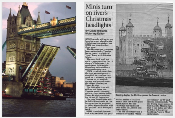 Fibreglass MINI Cooper R50 Christmas Tree Advertising Campaign Newspaper article