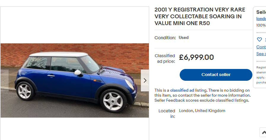 ebay advert for Blue MINI ONE Y Reg