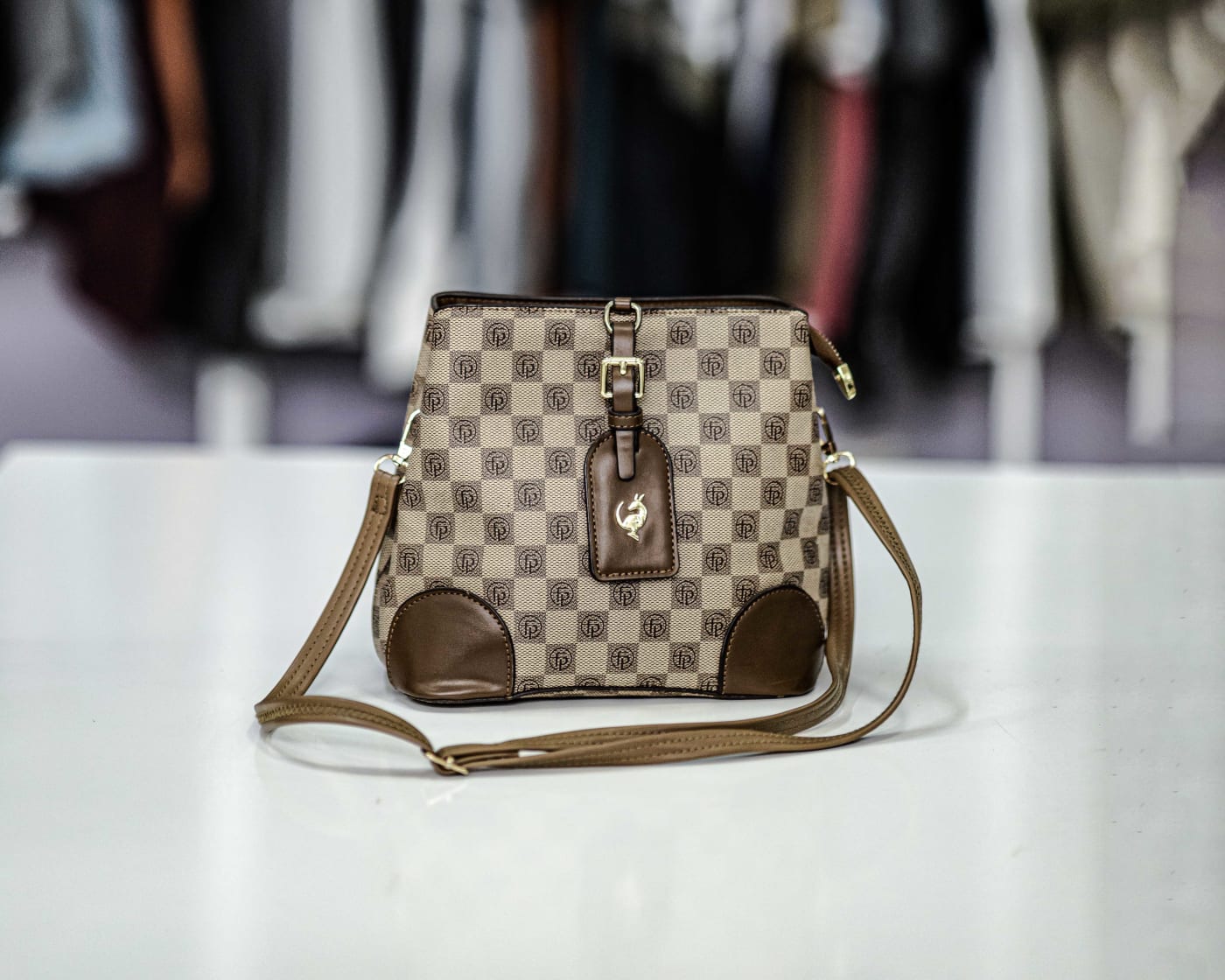 Beige Check Crossbody