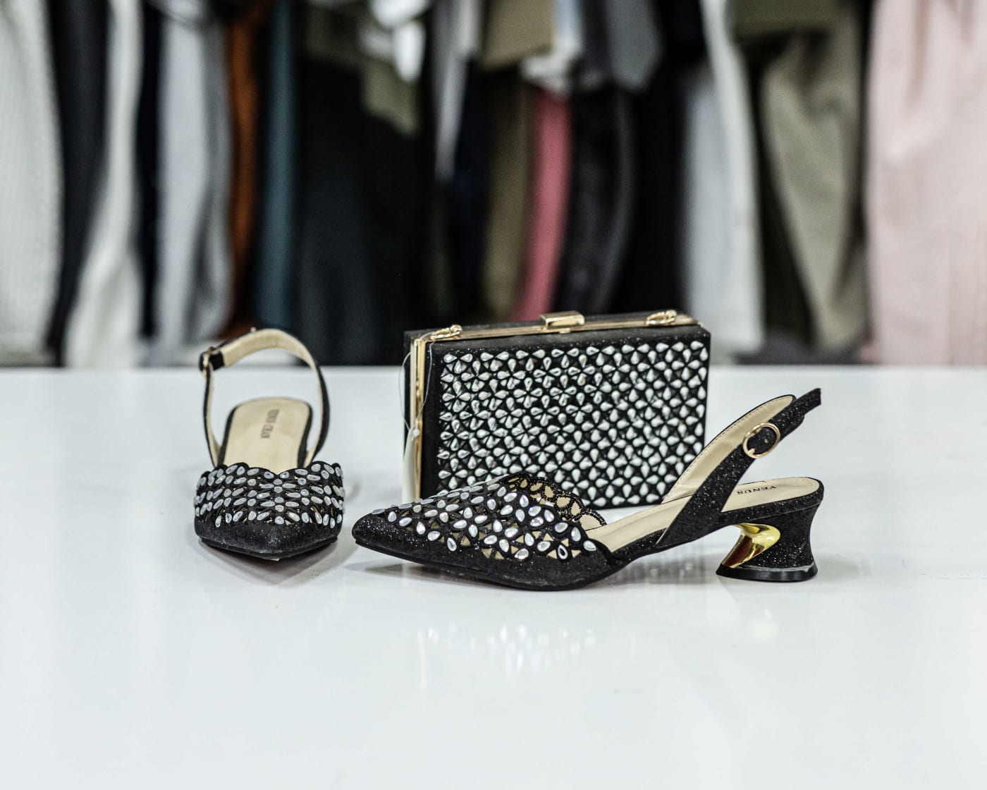 Black Crystal Slingback & Clutch Set