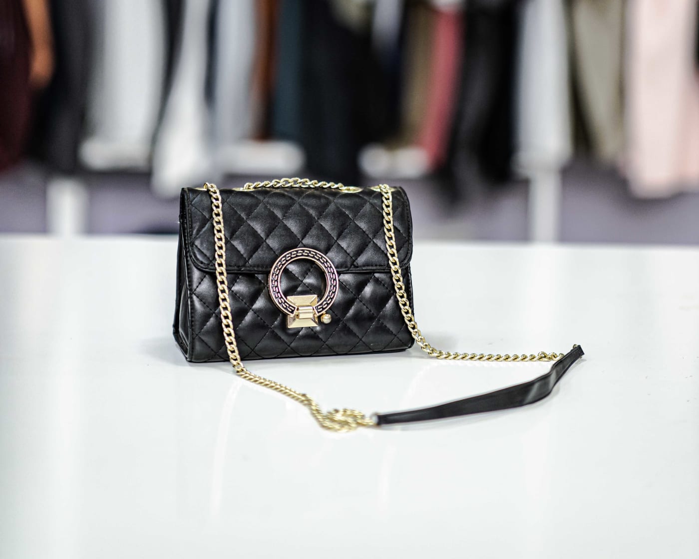 Black Quilted Ring Flap Bag — image 1