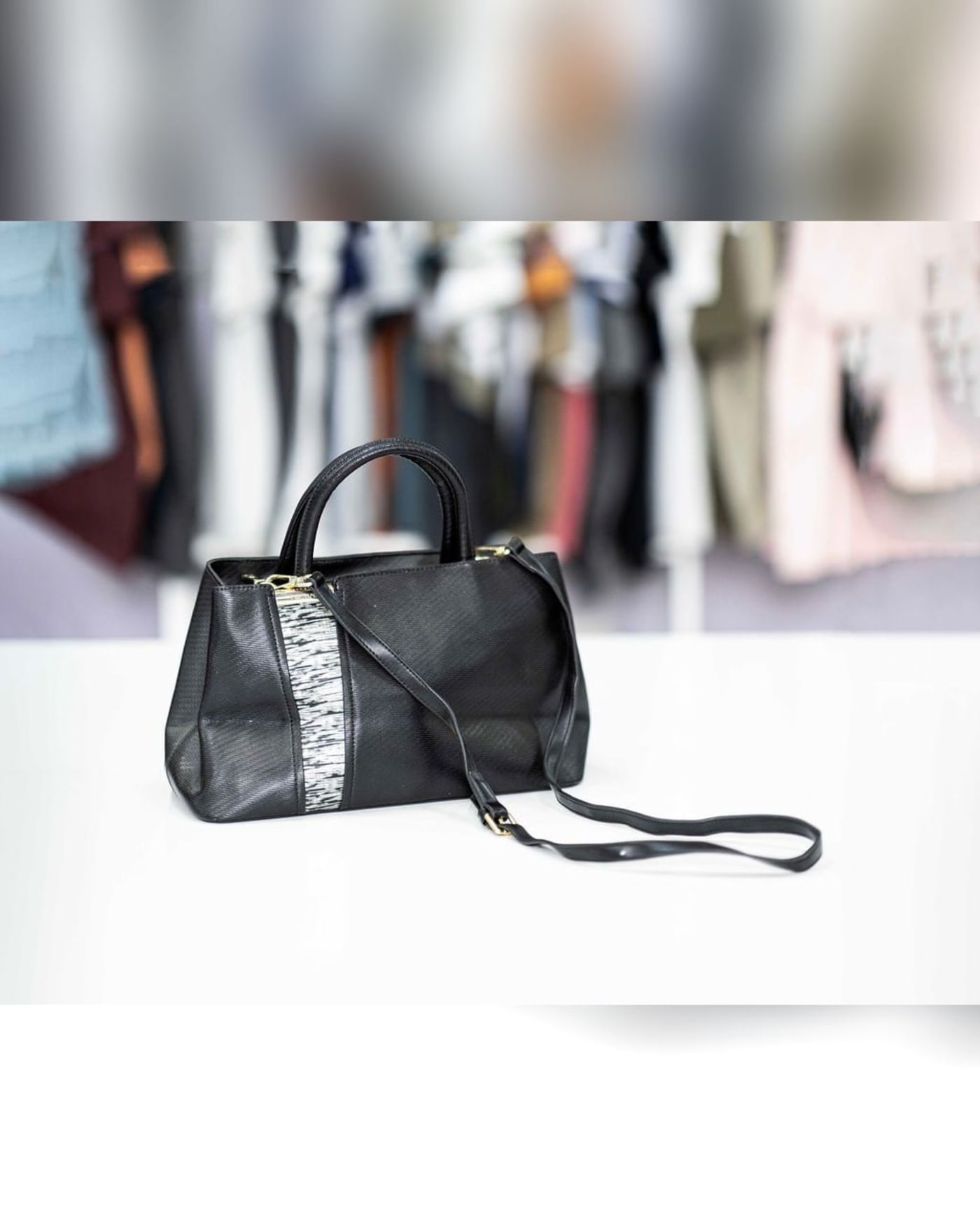 Black Handbag with Silver Panel — image 1