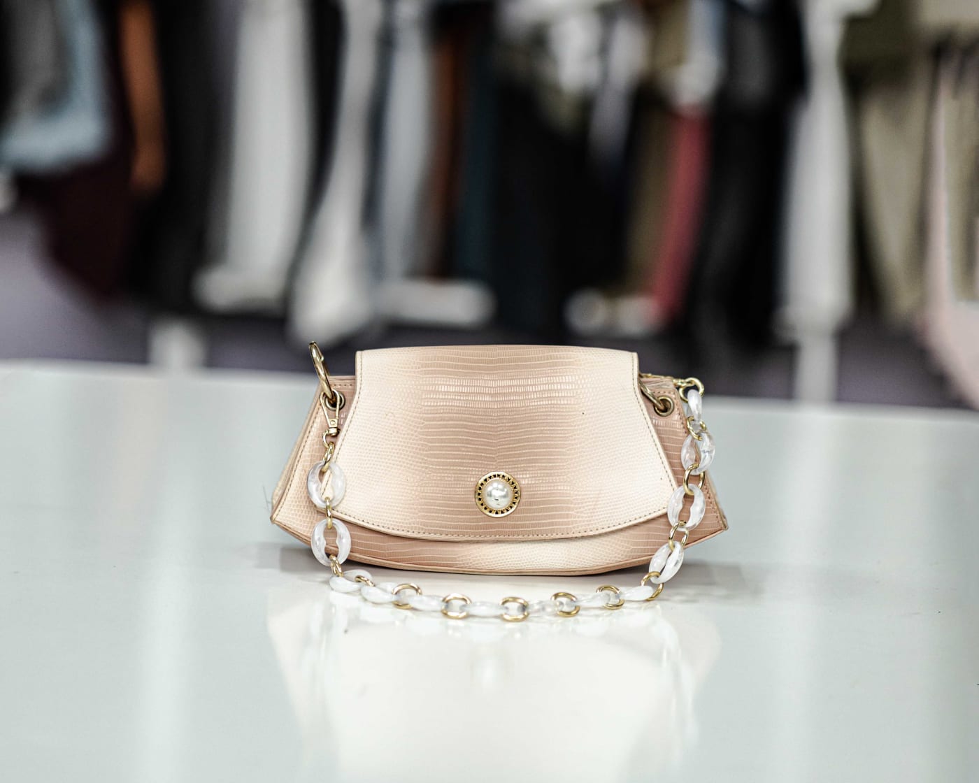 Blush Woven Pearl-Chain Bag