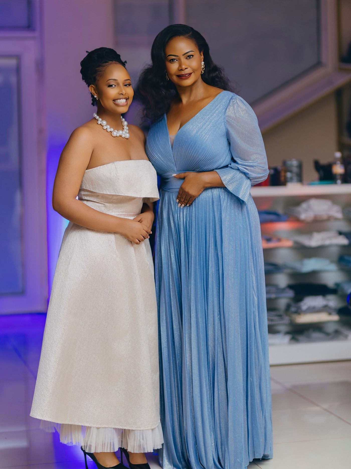 Cream Strapless Dress & Dusty-Blue Pleated Gown — image 1
