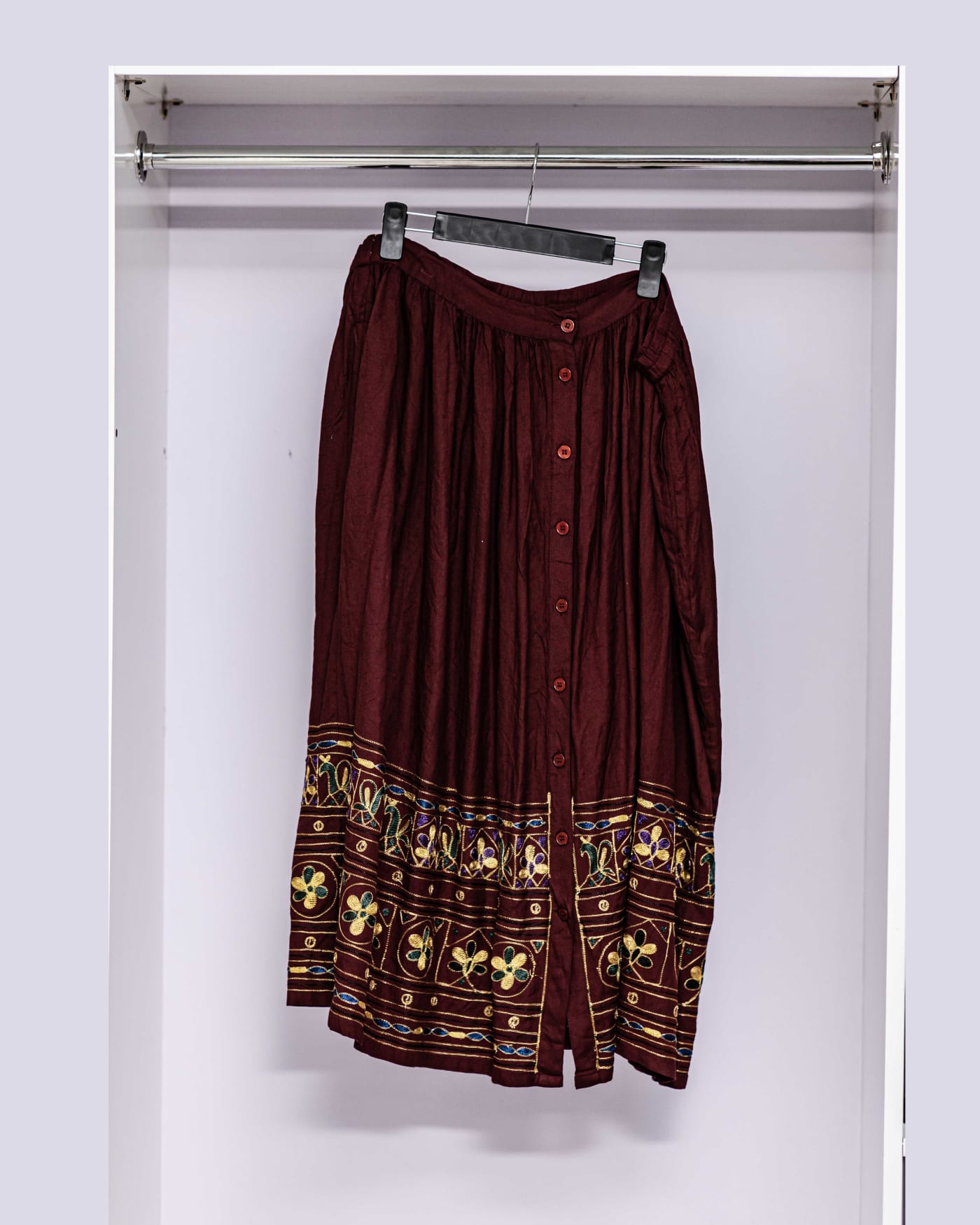 Burgundy Button-Front Border Skirt