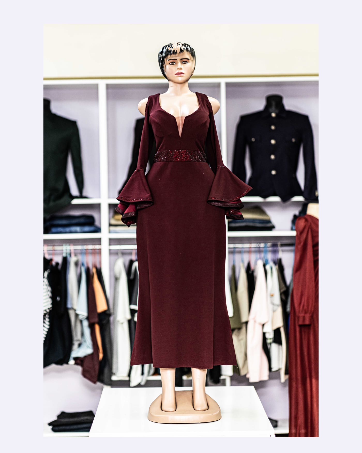 Burgundy Velvet Flare-Sleeve Midi — image 1