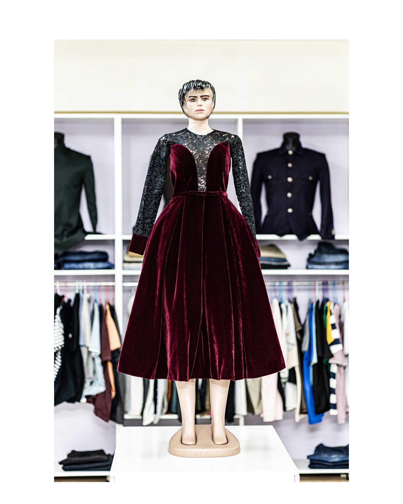 Burgundy Velvet Tea-Length Dress — image 1
