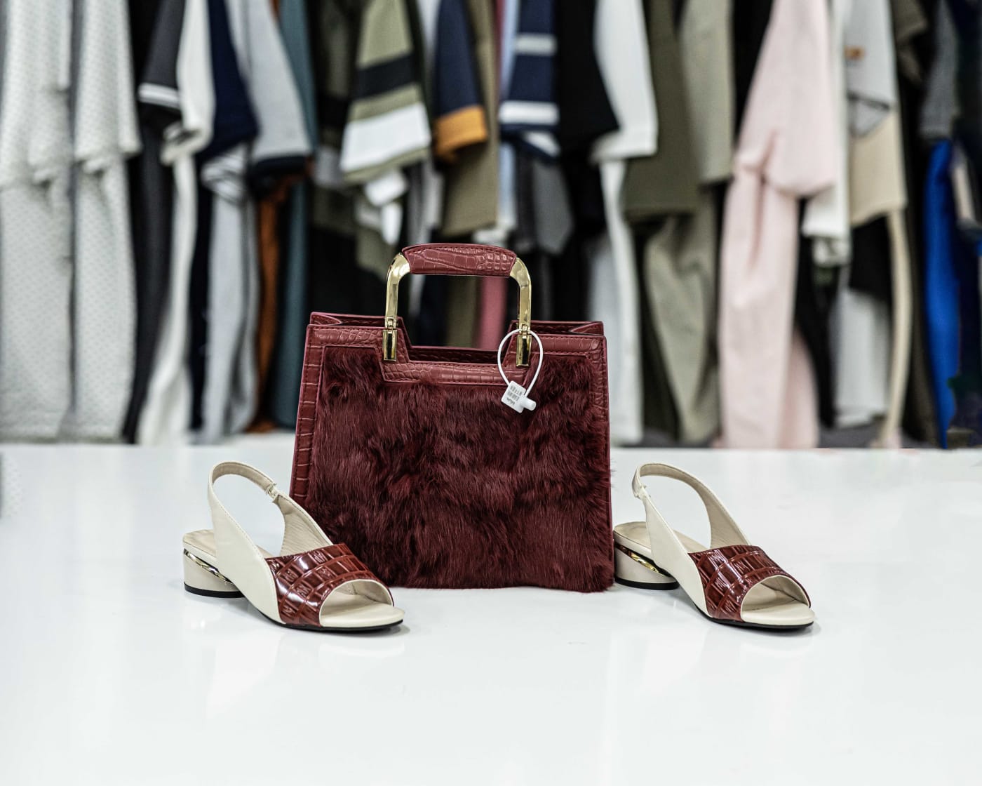 Cream Slingback & Burgundy Bag Set