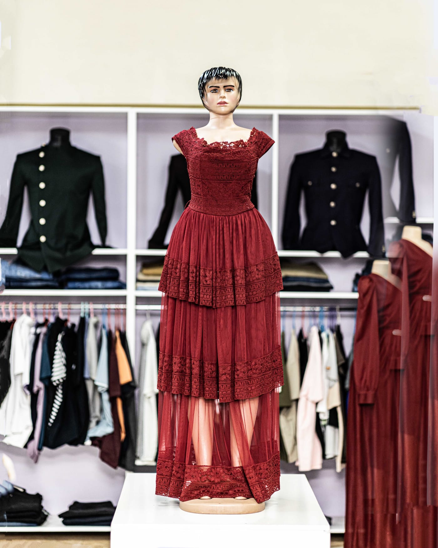 Red Tiered Lace Gown — image 1