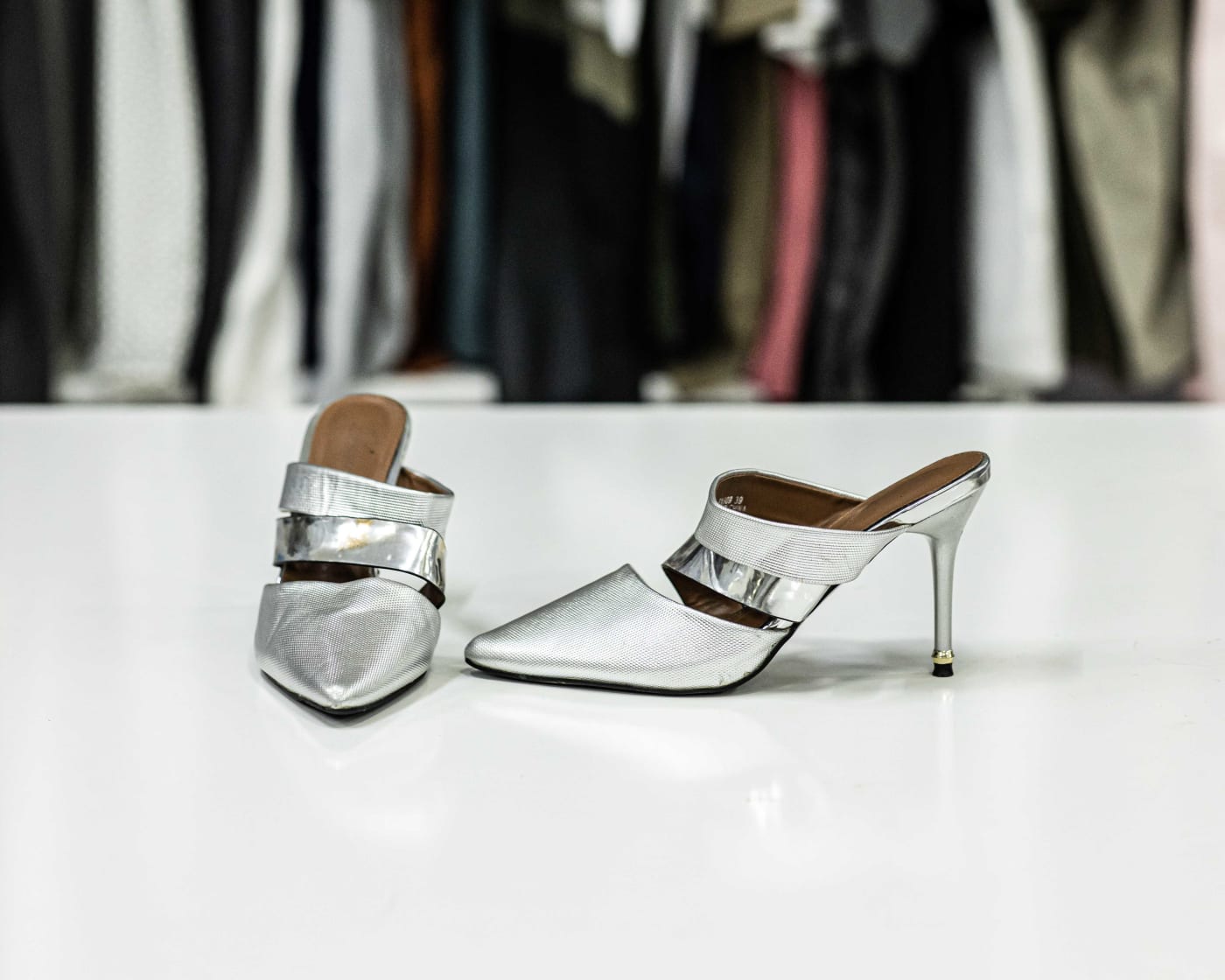Silver & White Square Mules