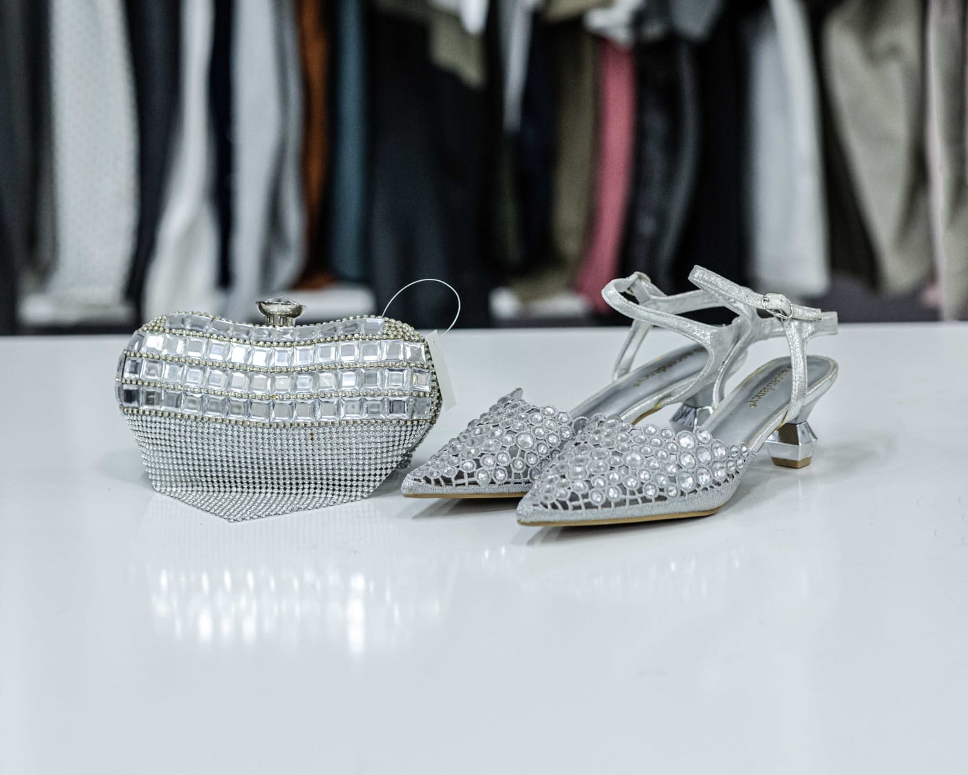 Silver Crystal Slingback & Clutch Set