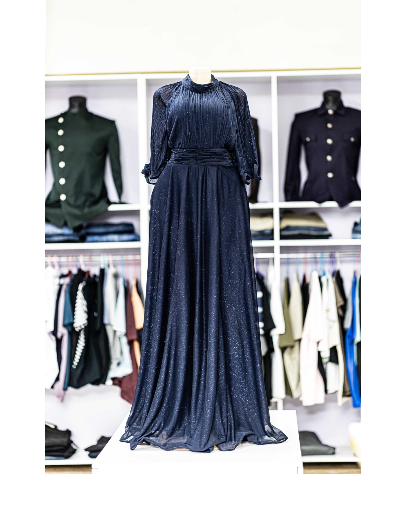 Steel Blue Pleated Chiffon Gown — image 1
