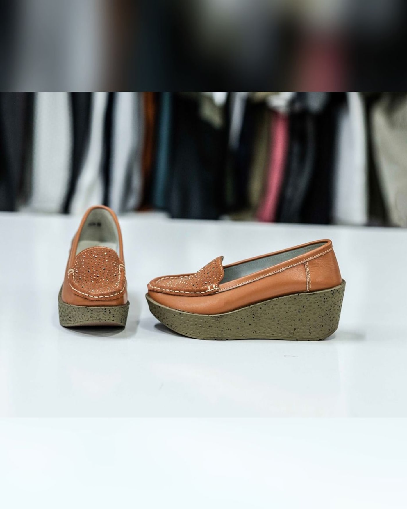 Tan Perforated Wedge Loafers — image 1