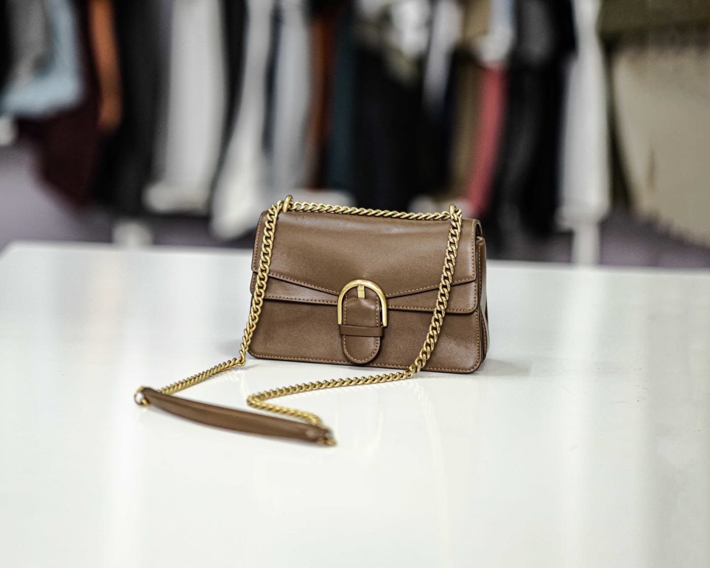 Taupe Chain Flap Bag