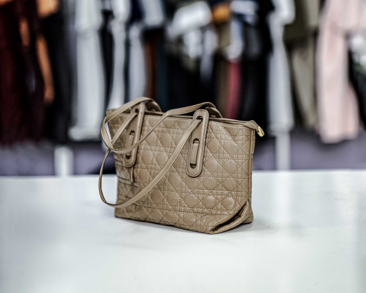Taupe Quilted Drawstring Tote — image 1
