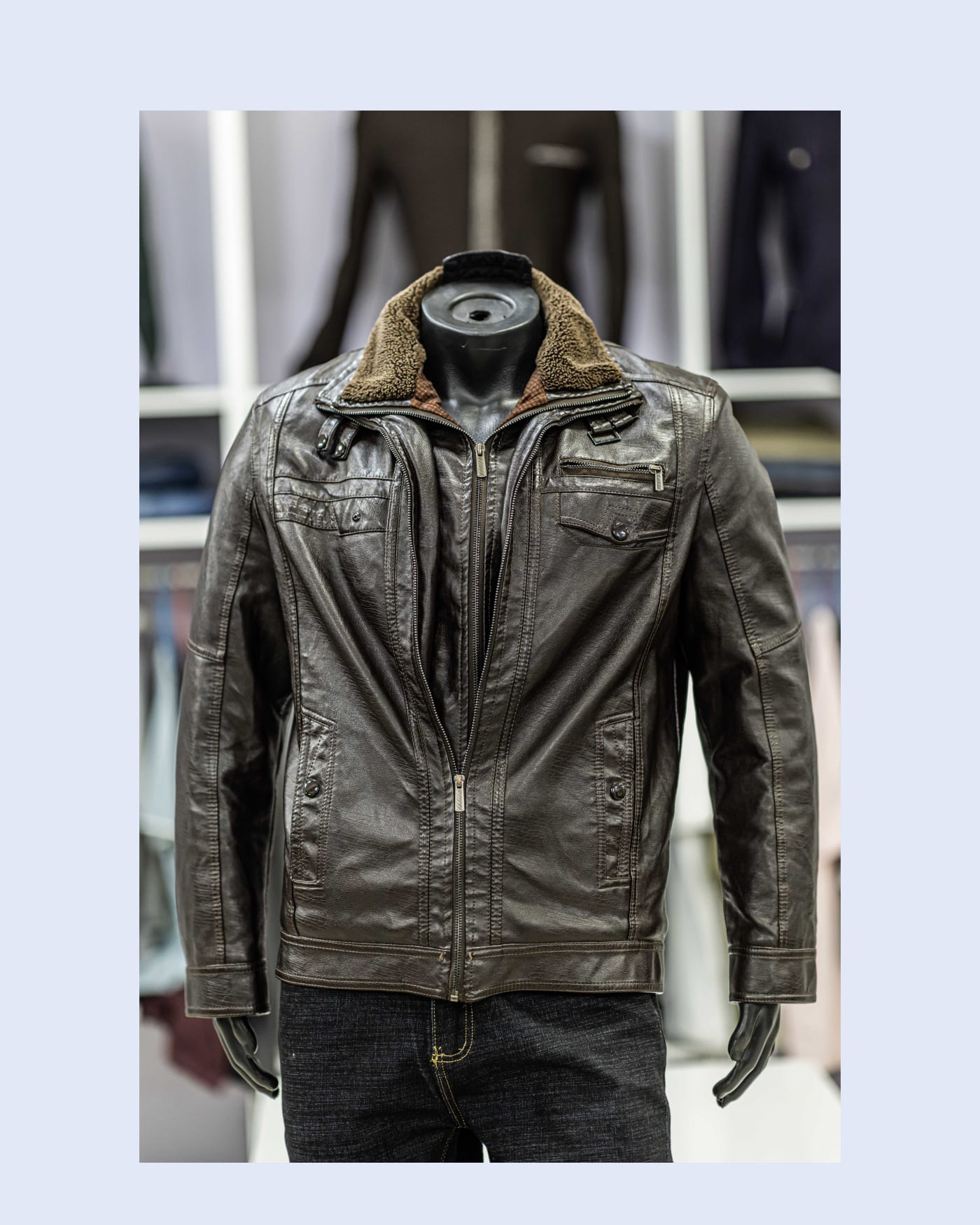 Brown Shearling-Collar Leather Jacket