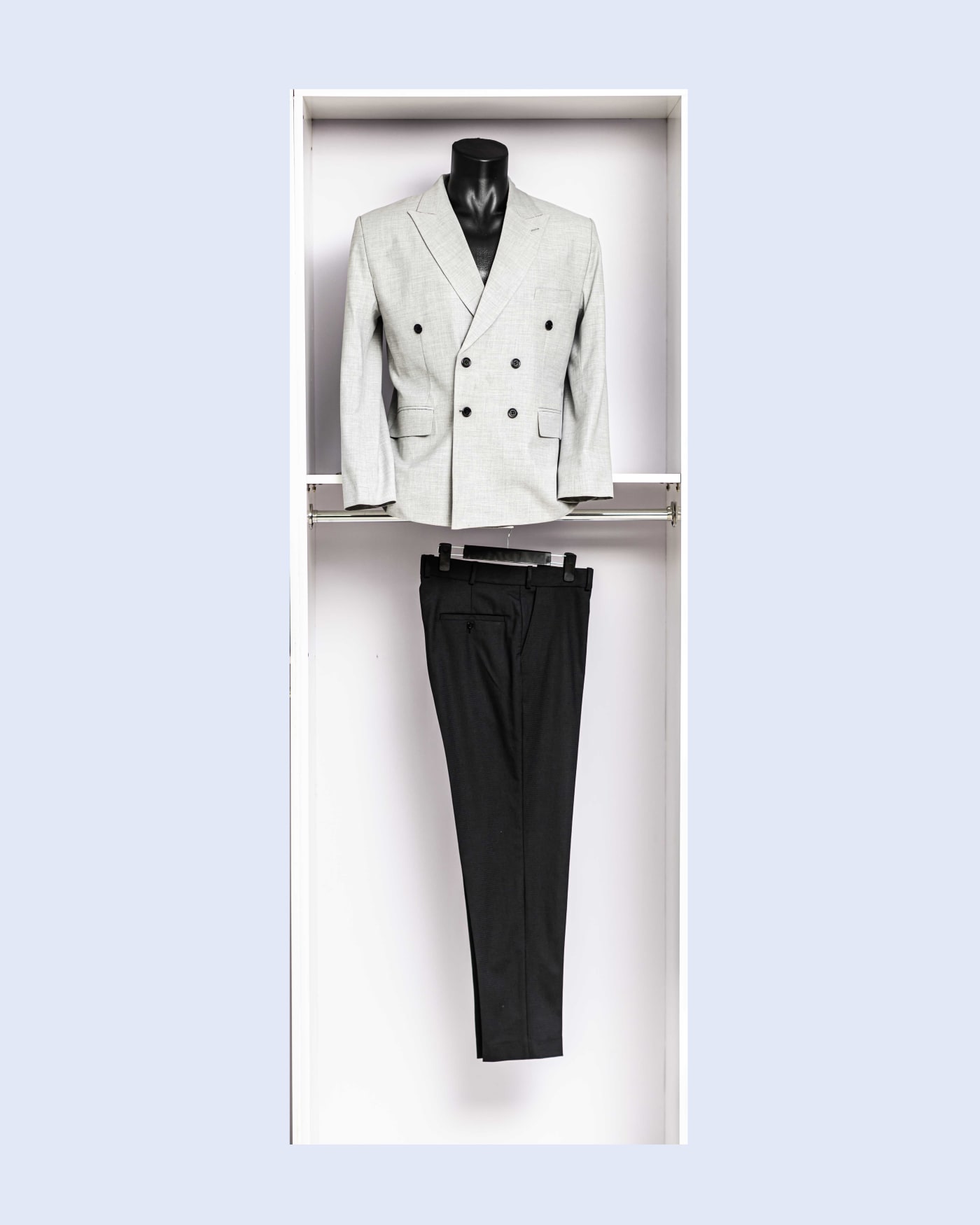 White Double-Breasted Blazer & Black Trousers