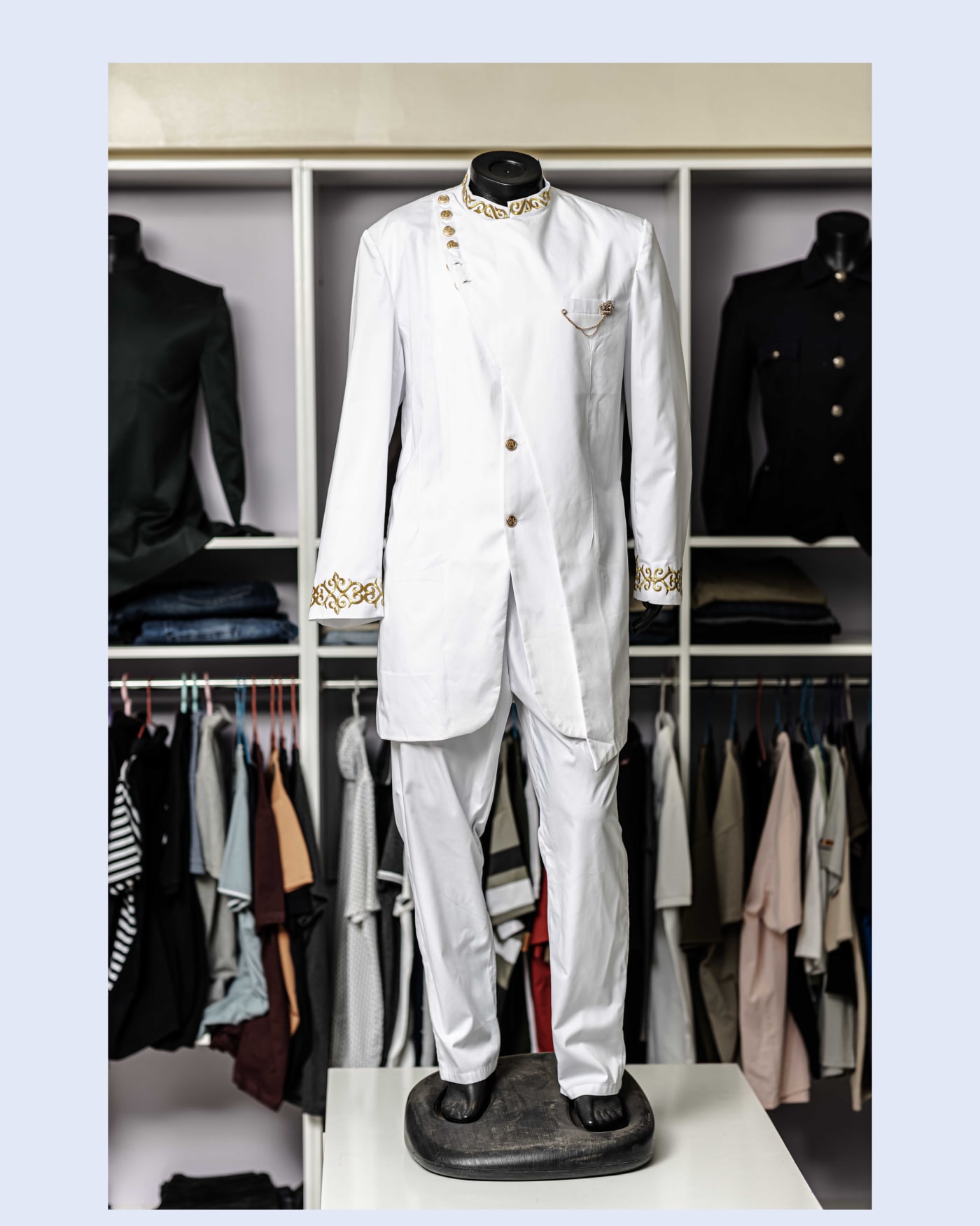 White Gold-Embroidered Mandarin Suit