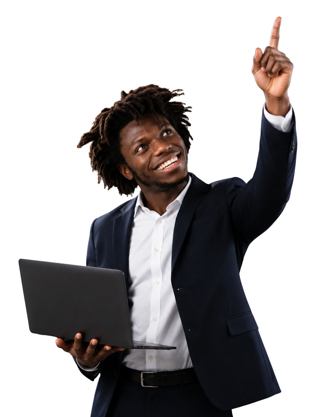 Security consultant pointing upward toward the call to action