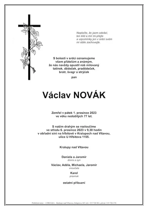 ukázkové smuteční oznámení (parte), Pohřební ústav Kralupy nad Vltavou