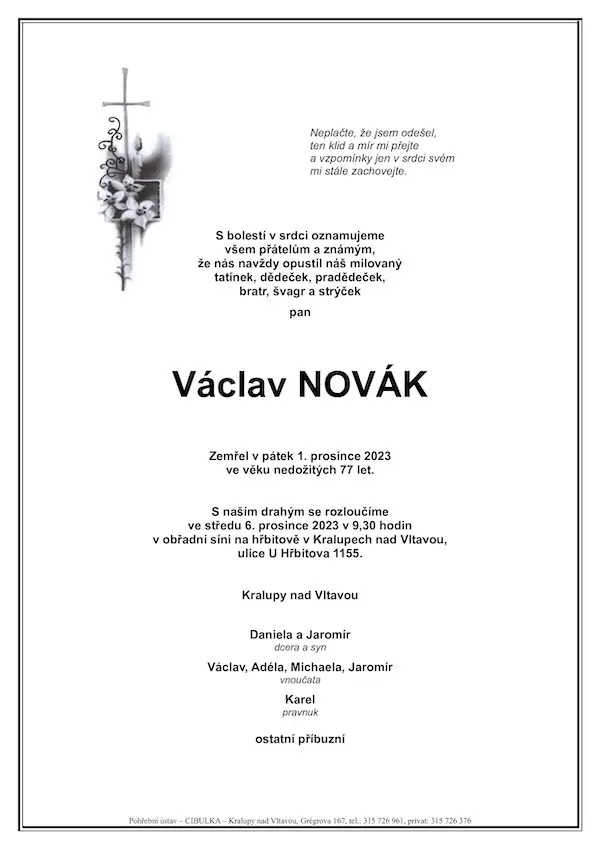 ukázkové smuteční oznámení (parte), Pohřební ústav Kralupy nad Vltavou