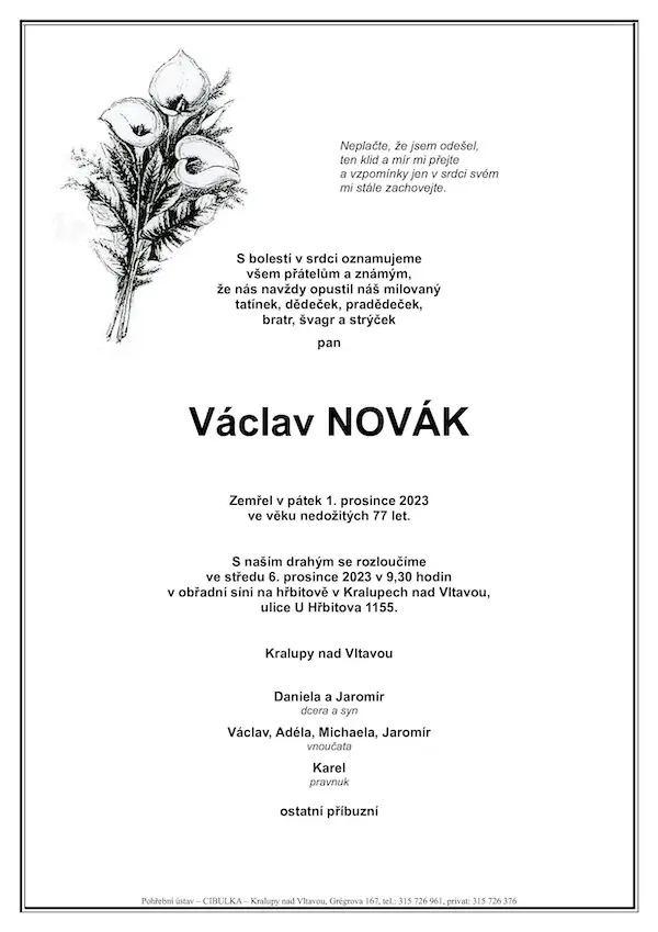 ukázkové smuteční oznámení (parte), Pohřební ústav Kralupy nad Vltavou