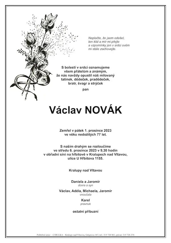ukázkové smuteční oznámení (parte), Pohřební ústav Kralupy nad Vltavou
