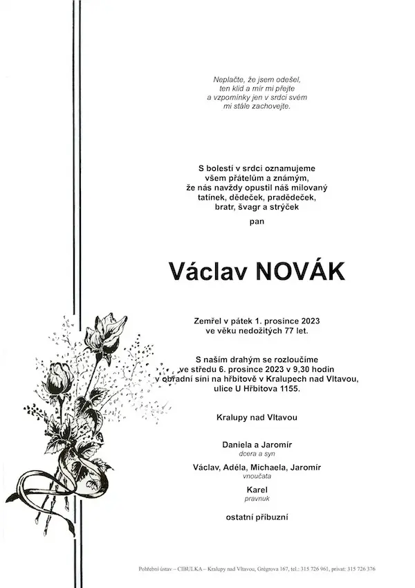 ukázkové smuteční oznámení (parte), Pohřební ústav Kralupy nad Vltavou