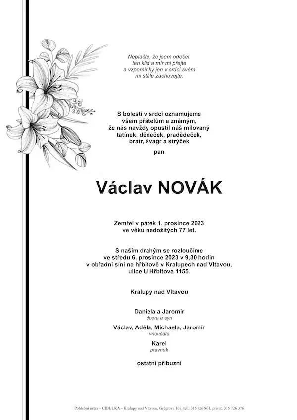 ukázkové smuteční oznámení (parte), Pohřební ústav Kralupy nad Vltavou