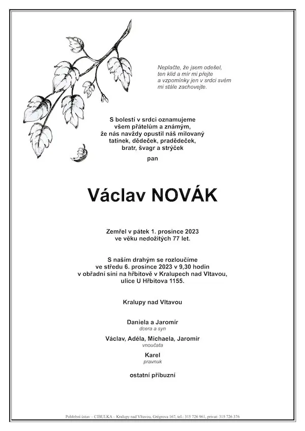 ukázkové smuteční oznámení (parte), Pohřební ústav Kralupy nad Vltavou