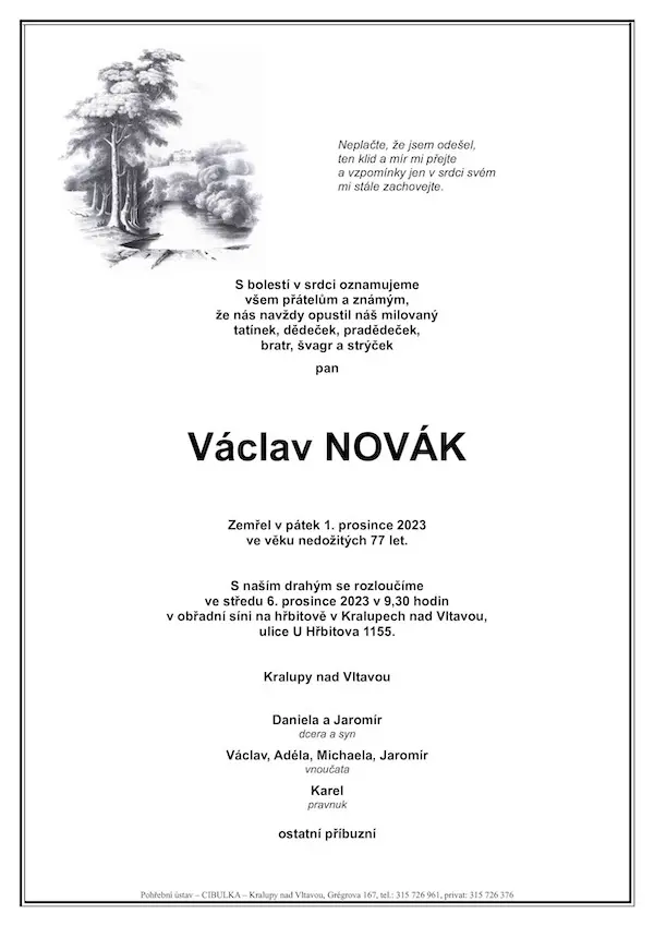 ukázkové smuteční oznámení (parte), Pohřební ústav Kralupy nad Vltavou
