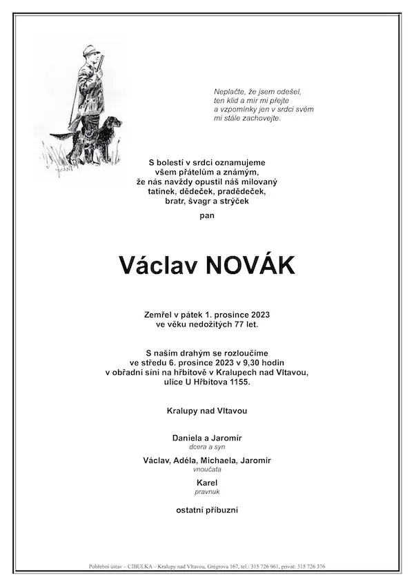 ukázkové smuteční oznámení (parte), Pohřební ústav Kralupy nad Vltavou