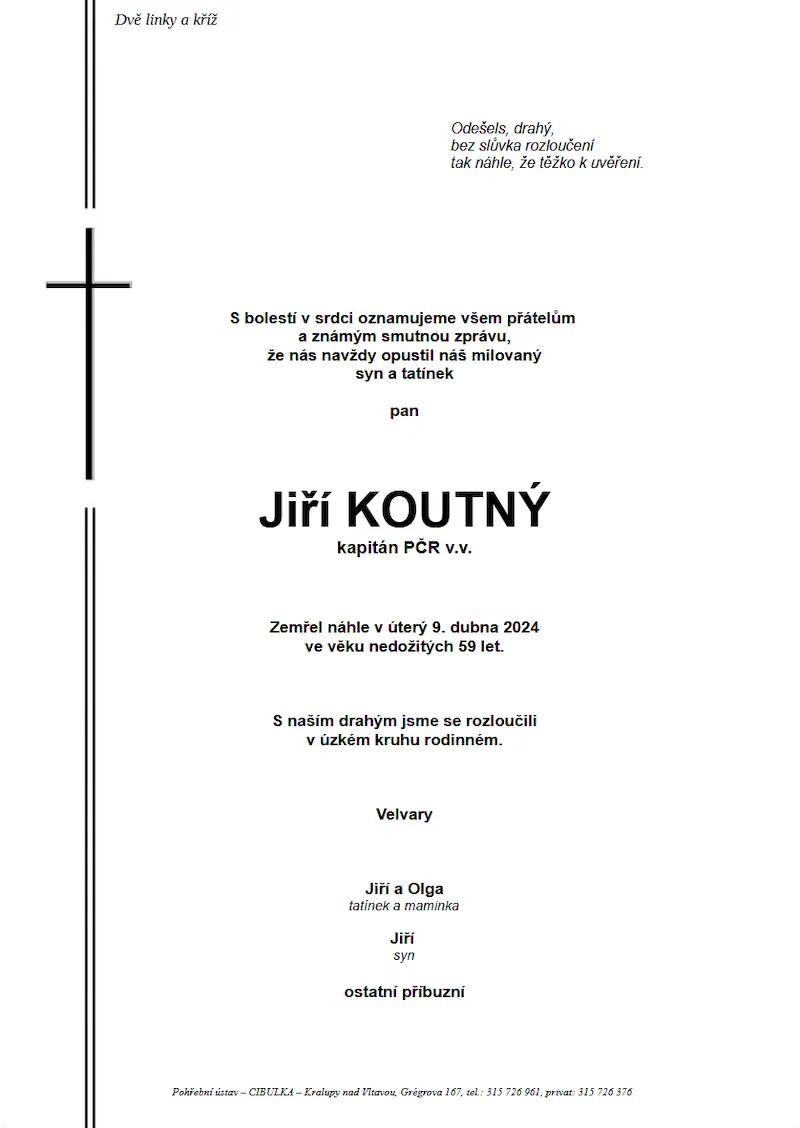 ukázkové smuteční oznámení (parte), Pohřební ústav Kralupy nad Vltavou