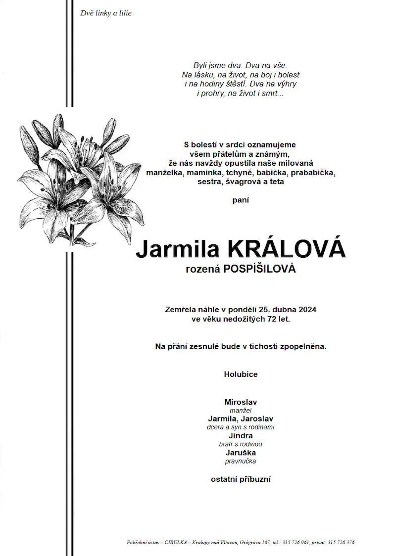 ukázkové smuteční oznámení (parte), Pohřební ústav Kralupy nad Vltavou