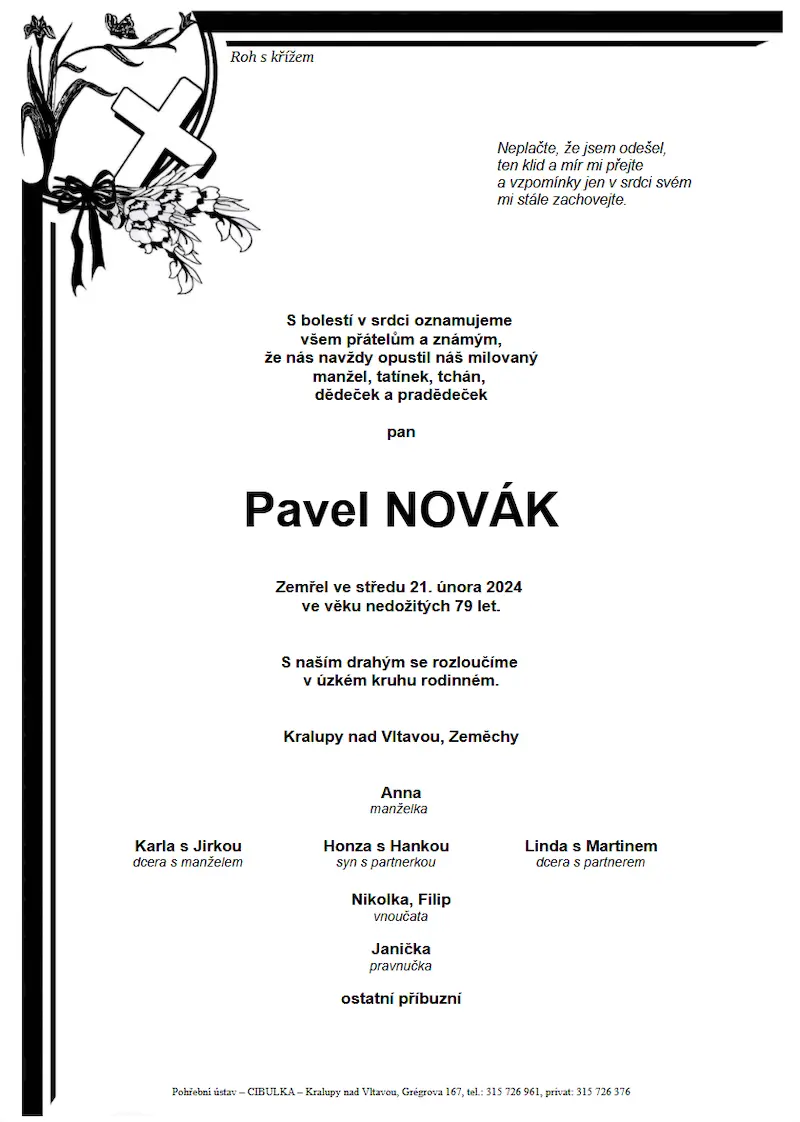 ukázkové smuteční oznámení (parte), Pohřební ústav Kralupy nad Vltavou